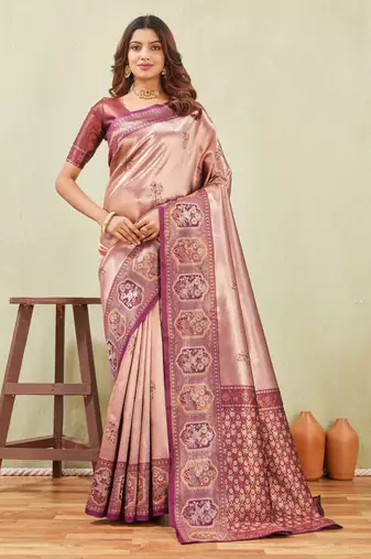 wine beige art silk jacuard work designer party wear saree with unstitched blouse piece