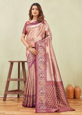 wine beige art silk jacuard work designer party wear saree with unstitched blouse piece 2