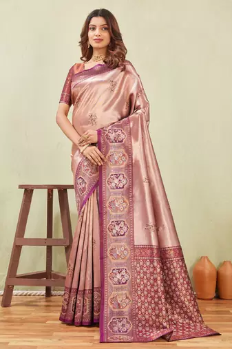 wine beige art silk jacuard work designer party wear saree with unstitched blouse piece