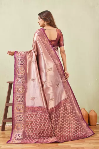 wine beige art silk jacuard work designer party wear saree with unstitched blouse piece