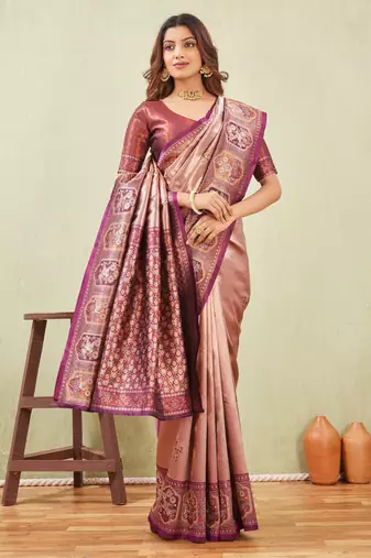 wine beige art silk jacuard work designer party wear saree with unstitched blouse piece
