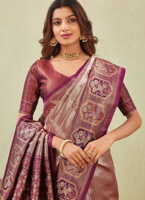 wine beige art silk jacuard work designer party wear saree with unstitched blouse piece 5