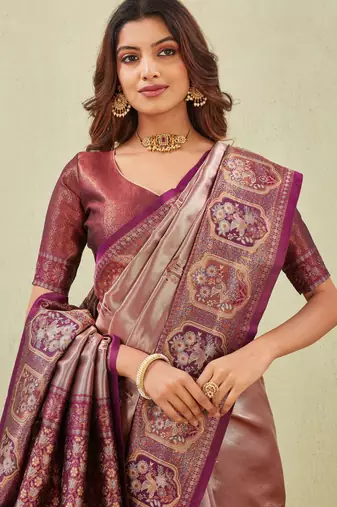 wine beige art silk jacuard work designer party wear saree with unstitched blouse piece