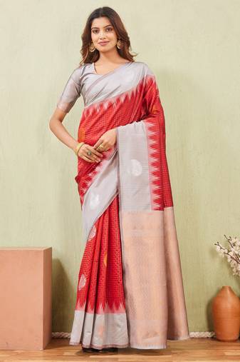 grey red art silk jacuard work designer party wear saree with unstitched blouse piece