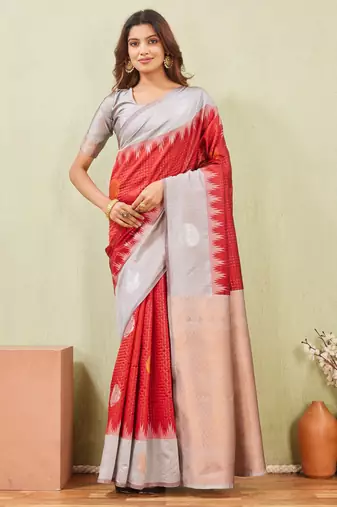 grey red art silk jacuard work designer party wear saree with unstitched blouse piece