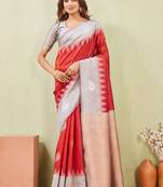 grey red art silk jacuard work designer party wear saree with unstitched blouse piece
