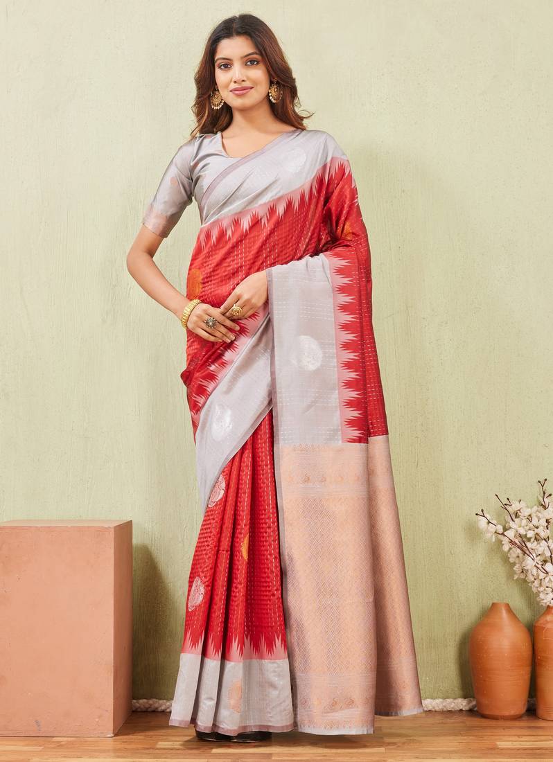 grey red art silk jacuard work designer party wear saree with unstitched blouse piece