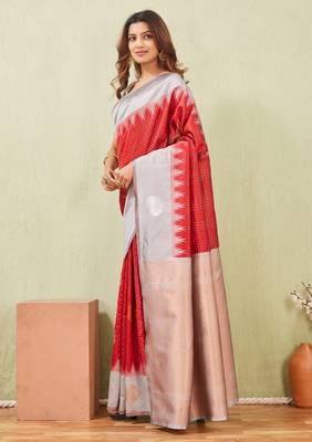 grey red art silk jacuard work designer party wear saree with unstitched blouse piece 2