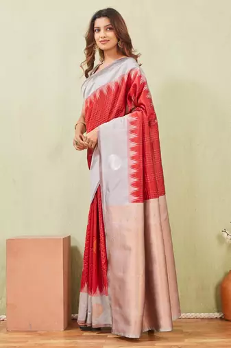 grey red art silk jacuard work designer party wear saree with unstitched blouse piece