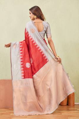 grey red art silk jacuard work designer party wear saree with unstitched blouse piece 3