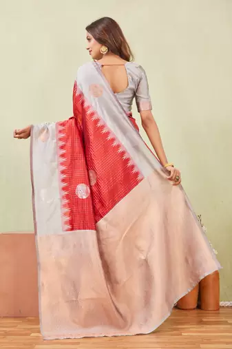 grey red art silk jacuard work designer party wear saree with unstitched blouse piece