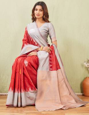 grey red art silk jacuard work designer party wear saree with unstitched blouse piece 4