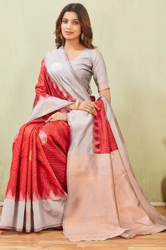 grey red art silk jacuard work designer party wear saree with unstitched blouse piece