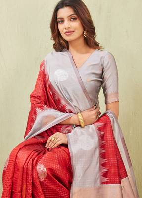 grey red art silk jacuard work designer party wear saree with unstitched blouse piece 5