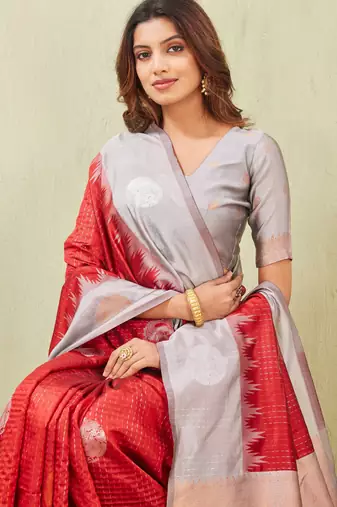 grey red art silk jacuard work designer party wear saree with unstitched blouse piece
