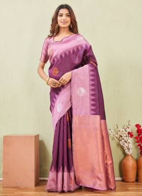 purple wine art silk jacuard work designer party wear saree with unstitched blouse piece 1