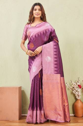 purple wine art silk jacuard work designer party wear saree with unstitched blouse piece