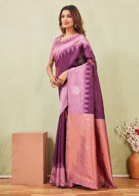 purple wine art silk jacuard work designer party wear saree with unstitched blouse piece 2