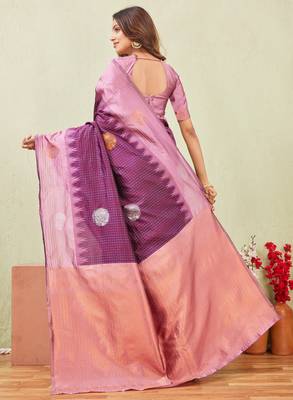 purple wine art silk jacuard work designer party wear saree with unstitched blouse piece 3