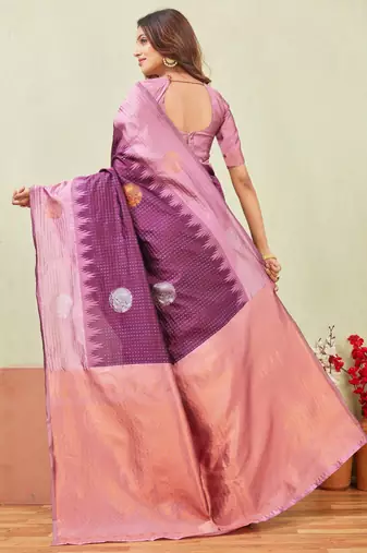 purple wine art silk jacuard work designer party wear saree with unstitched blouse piece