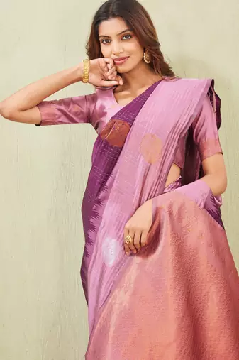 purple wine art silk jacuard work designer party wear saree with unstitched blouse piece