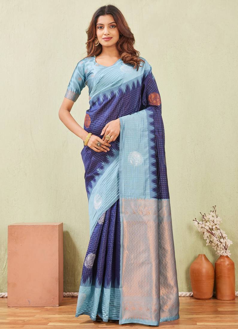 rama blue art silk jacuard work designer party wear saree with unstitched blouse piece