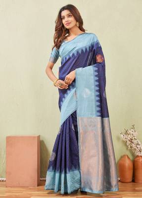 rama blue art silk jacuard work designer party wear saree with unstitched blouse piece 2