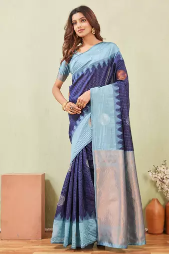 rama blue art silk jacuard work designer party wear saree with unstitched blouse piece