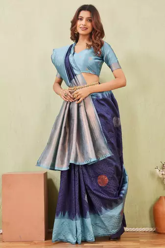 rama blue art silk jacuard work designer party wear saree with unstitched blouse piece