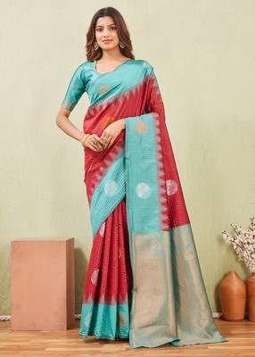 rama red art silk jacuard work designer party wear saree with unstitched blouse piece 1
