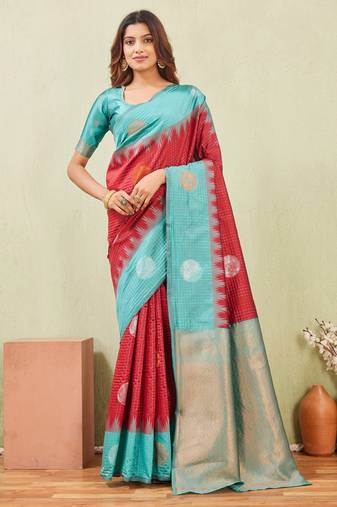 rama red art silk jacuard work designer party wear saree with unstitched blouse piece