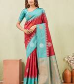 rama red art silk jacuard work designer party wear saree with unstitched blouse piece