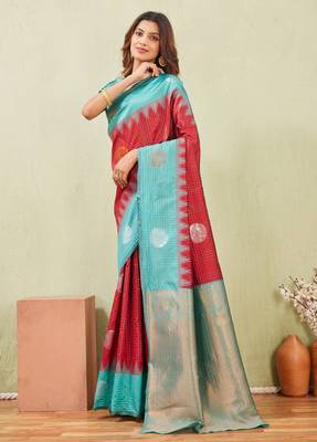 rama red art silk jacuard work designer party wear saree with unstitched blouse piece 2