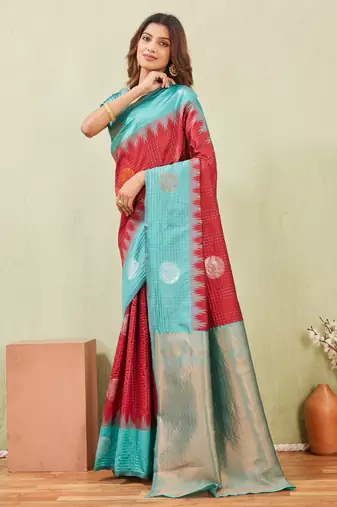 rama red art silk jacuard work designer party wear saree with unstitched blouse piece
