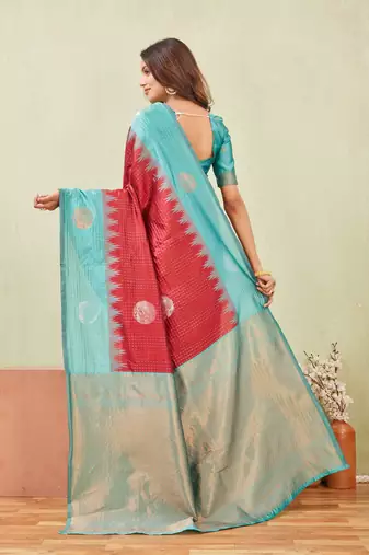 rama red art silk jacuard work designer party wear saree with unstitched blouse piece