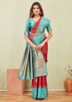 rama red art silk jacuard work designer party wear saree with unstitched blouse piece 4