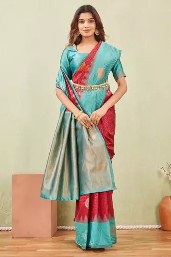 rama red art silk jacuard work designer party wear saree with unstitched blouse piece