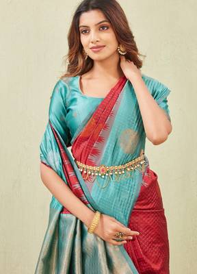 rama red art silk jacuard work designer party wear saree with unstitched blouse piece 5