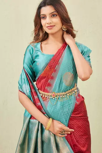 rama red art silk jacuard work designer party wear saree with unstitched blouse piece