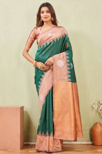 rust green art silk jacuard work designer party wear saree with unstitched blouse piece