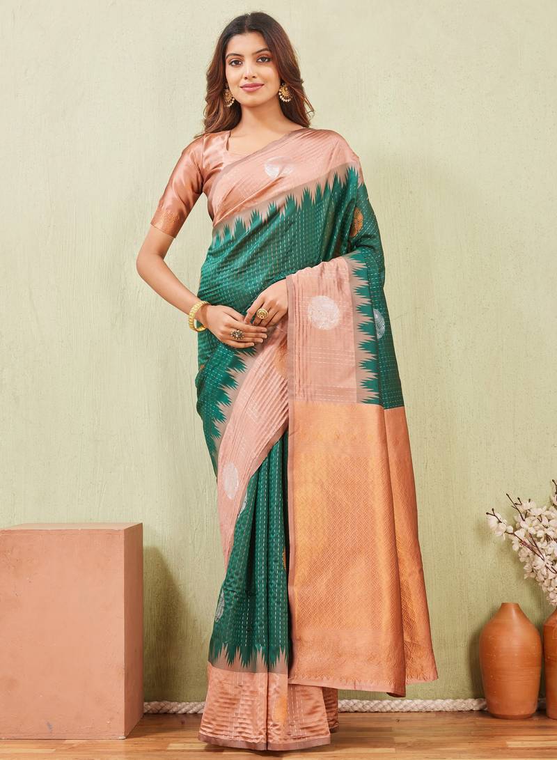 rust green art silk jacuard work designer party wear saree with unstitched blouse piece
