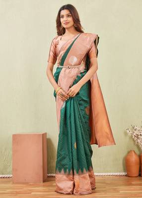 rust green art silk jacuard work designer party wear saree with unstitched blouse piece 4