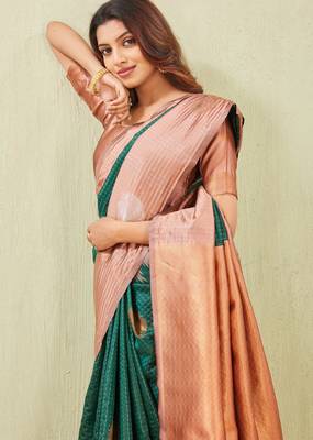rust green art silk jacuard work designer party wear saree with unstitched blouse piece 5