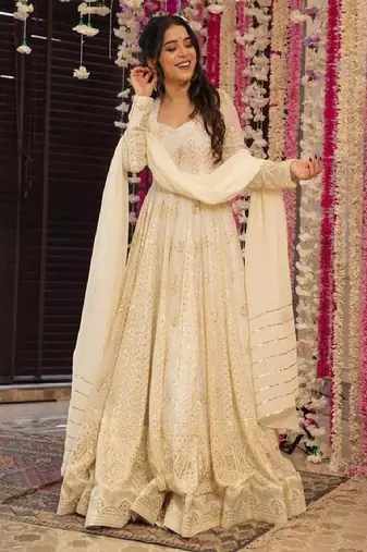 Cream heavily embellished anarkali