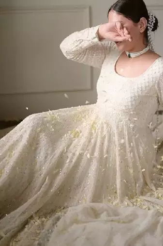 Off white sequins work anarkali set