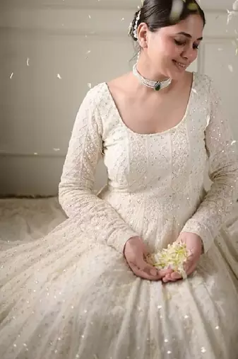 Off white sequins work anarkali set