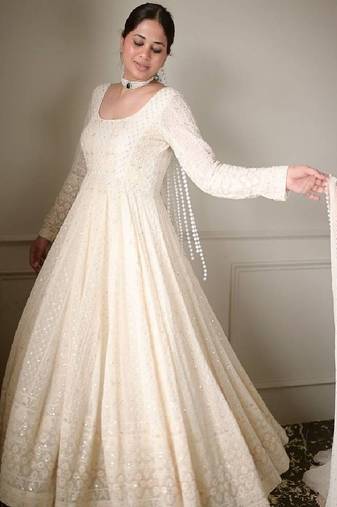 Off white sequins work anarkali set