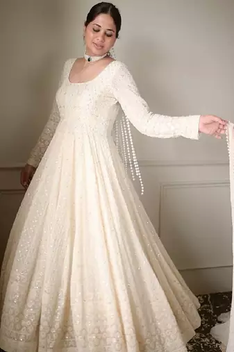 Off white sequins work anarkali set