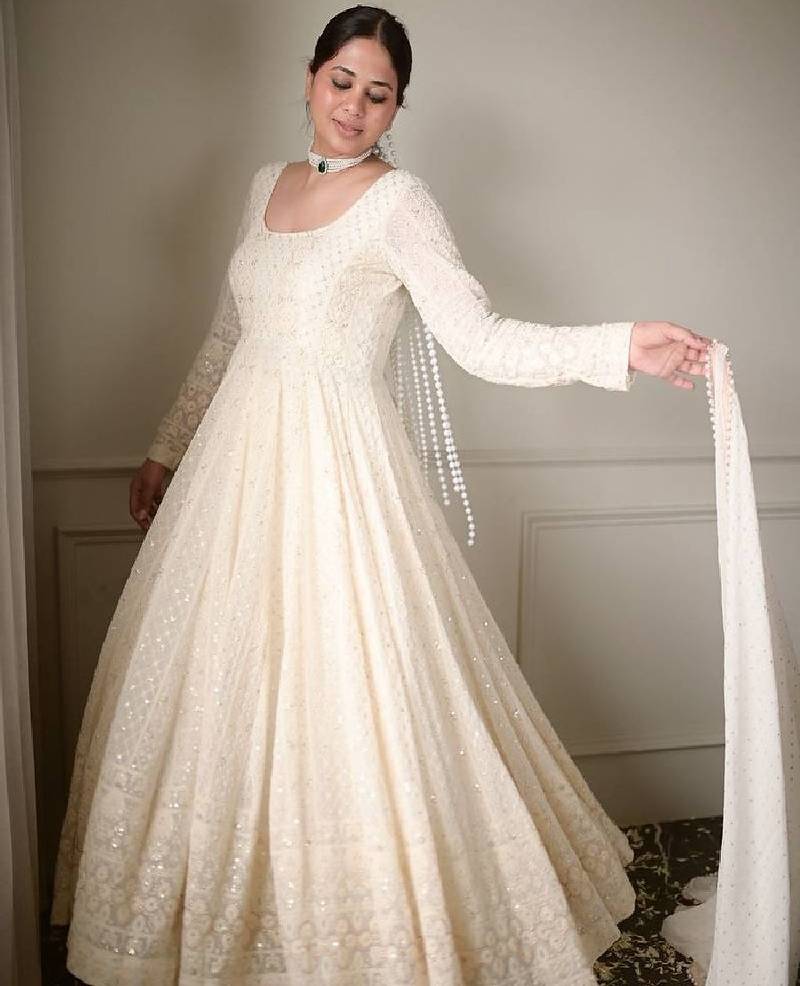 Off white sequins work anarkali set