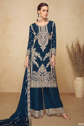 Teal chinon semi stitched plazzo suit with codding dori & sequence work